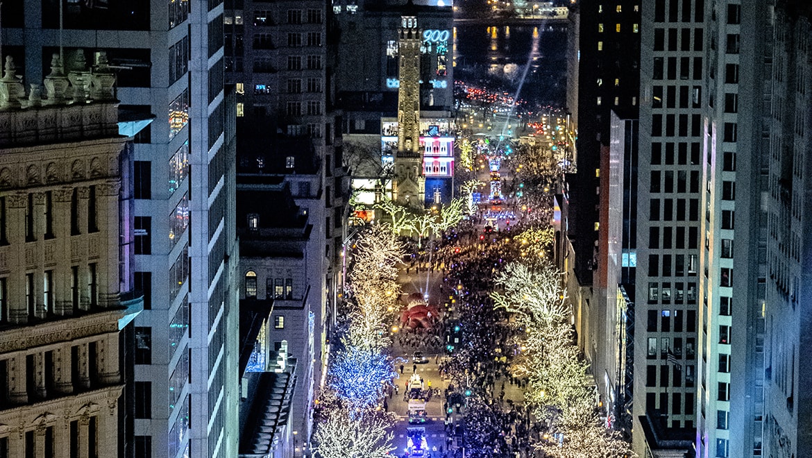 Downtown Chicago decorated with Christmas lights