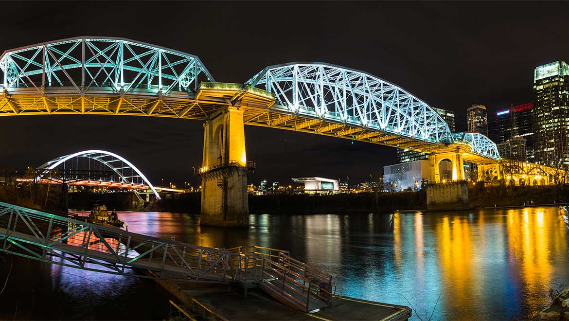 Bridge lit up at night