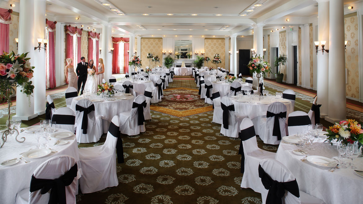 Ballroom with wedding setup at Bedford Springs 