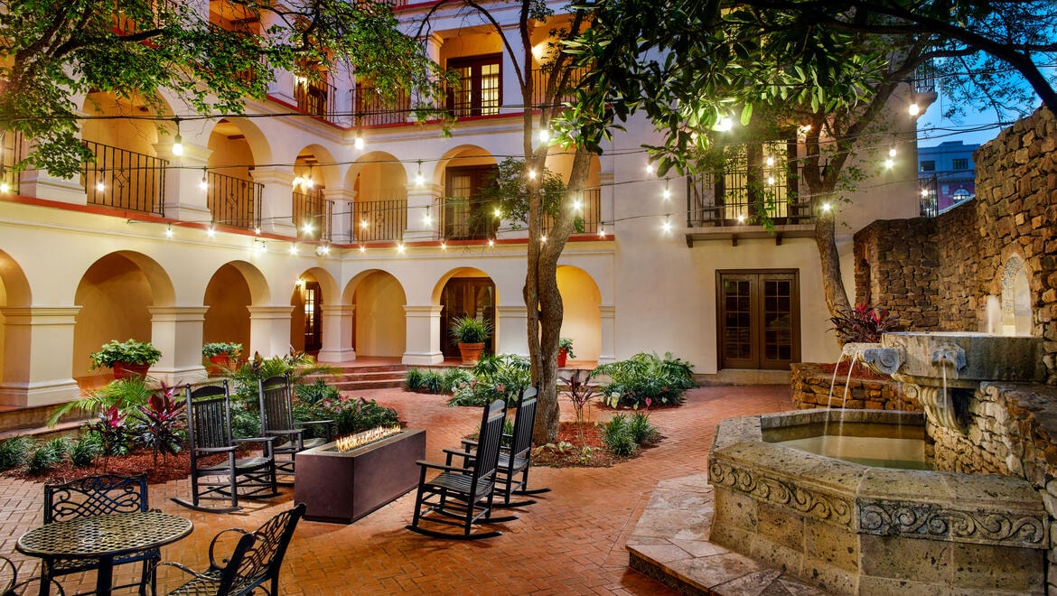 Patio with water fountain.